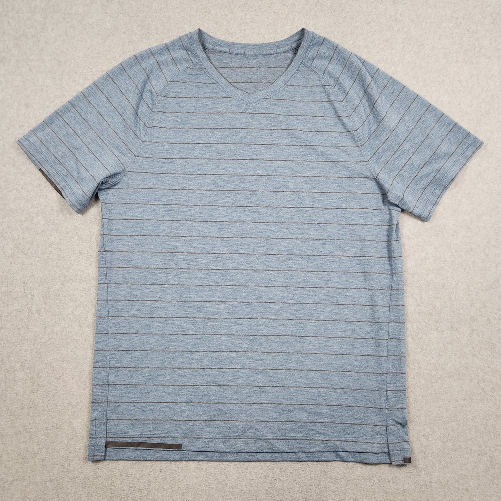 Lululemon Shirt Mens Large Blue Switchback V Neck‎ Striped Stretch Performance